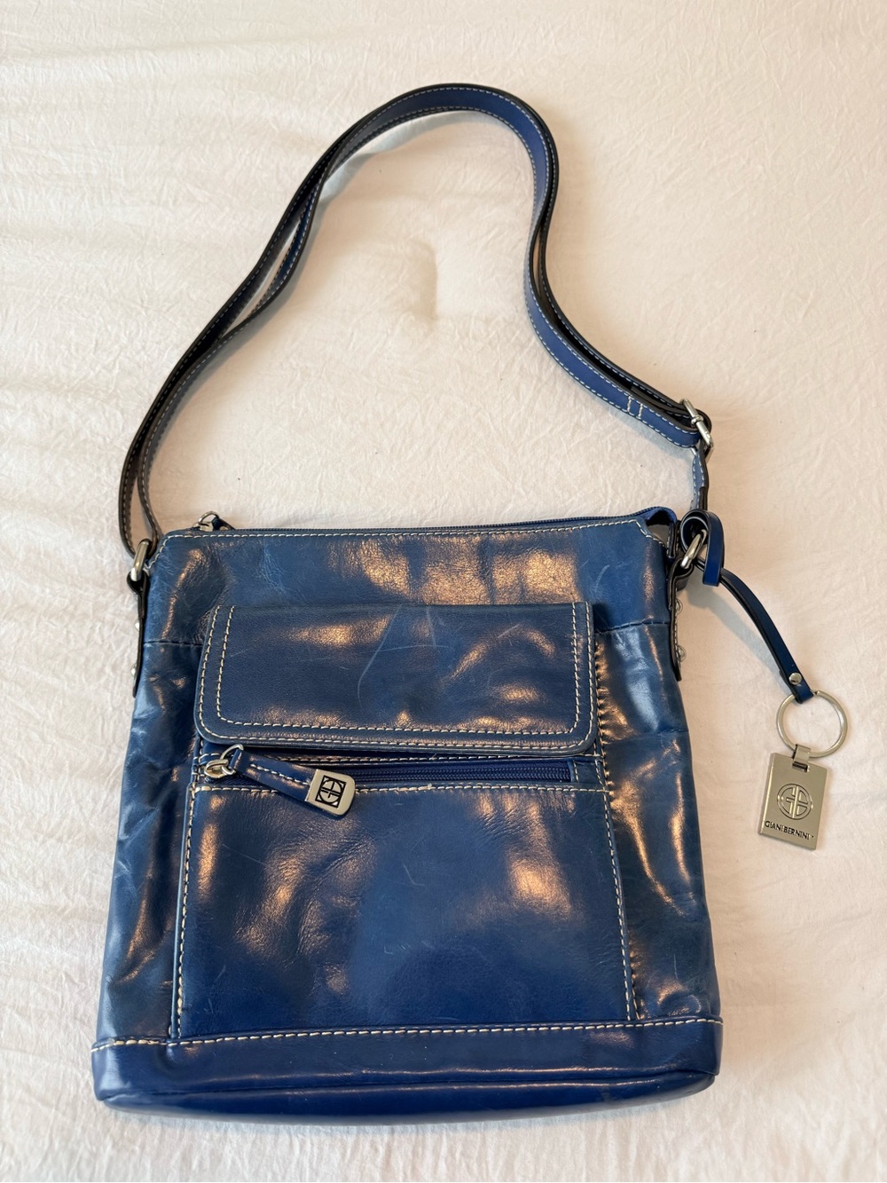 Navy Leather Giani Bernini Bag - Classic Women's Shoulder Bag - Picture 3 of 13